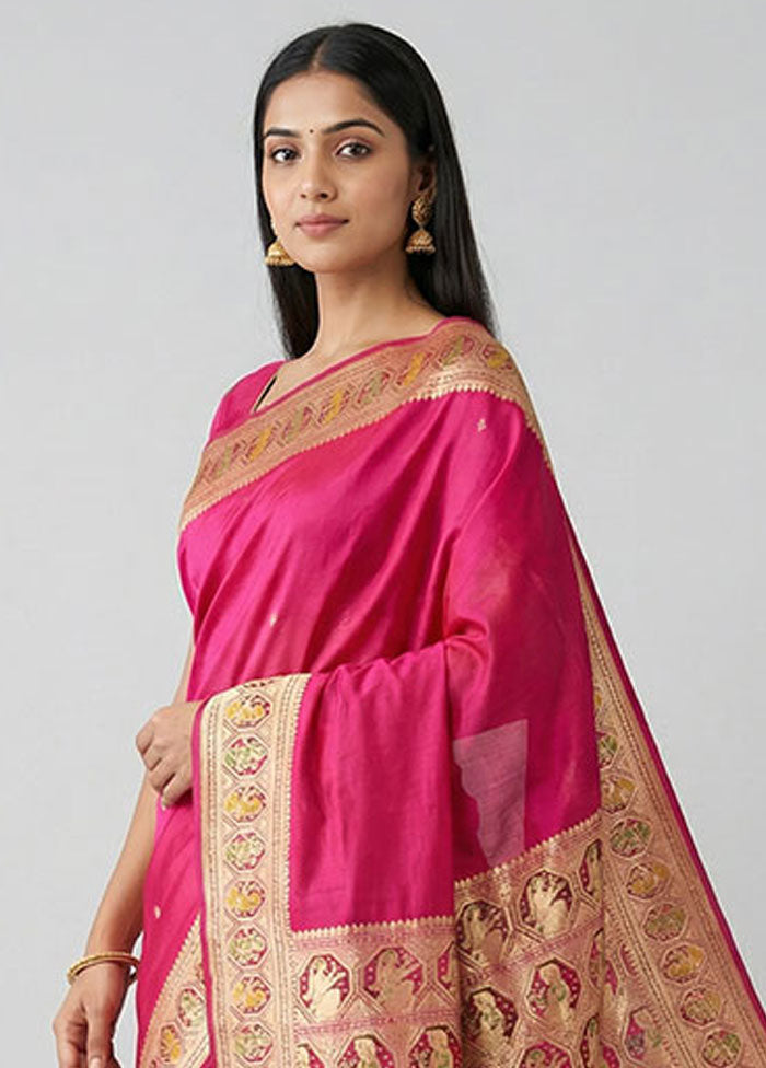 Pink Handloom Banarasi Pure Silk Saree With Blouse Piece
