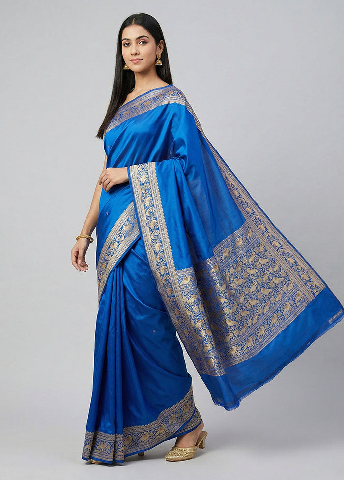 Blue Handloom Banarasi Pure Silk Saree With Blouse Piece