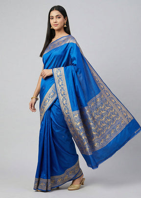 Blue Handloom Banarasi Pure Silk Saree With Blouse Piece
