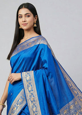Blue Handloom Banarasi Pure Silk Saree With Blouse Piece
