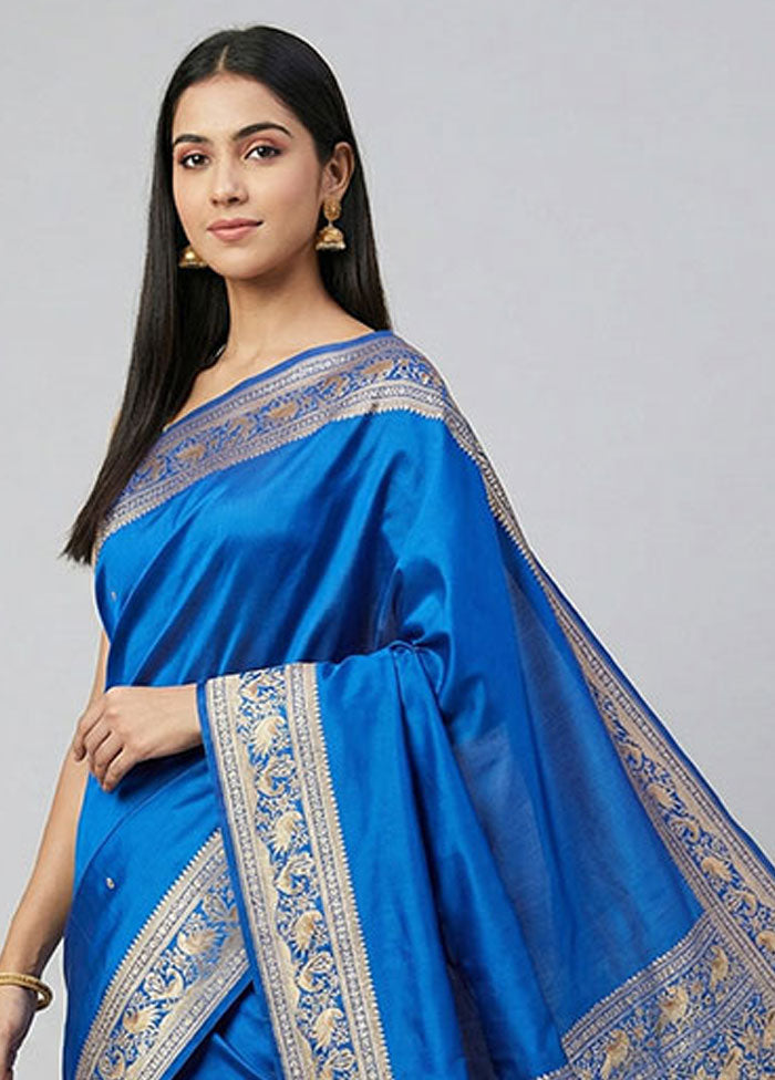 Blue Handloom Banarasi Pure Silk Saree With Blouse Piece