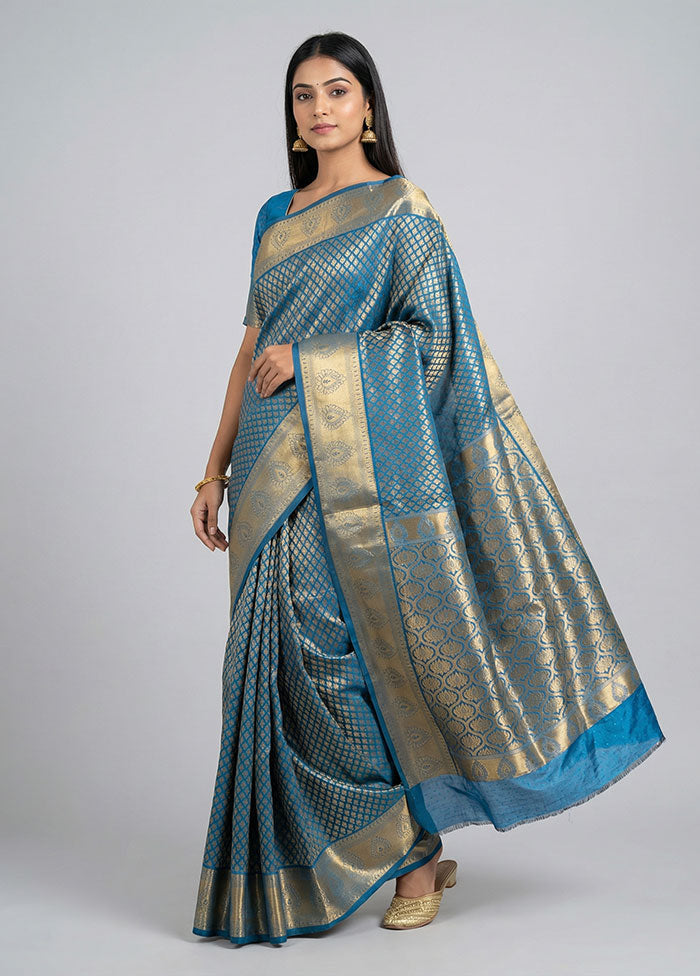 Blue Kanjivaram Silk Saree With Blouse Piece