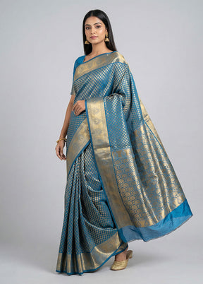 Blue Kanjivaram Silk Saree With Blouse Piece