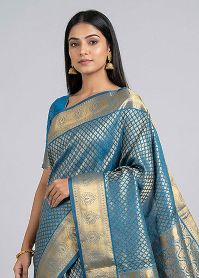 Blue Kanjivaram Silk Saree With Blouse Piece