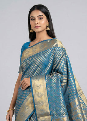 Blue Kanjivaram Silk Saree With Blouse Piece
