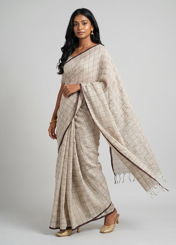 White Handloom Linen Pure Silk Saree With Blouse Piece