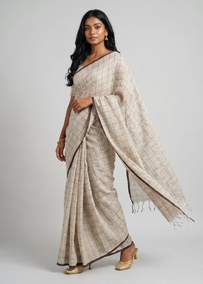 White Handloom Linen Pure Silk Saree With Blouse Piece