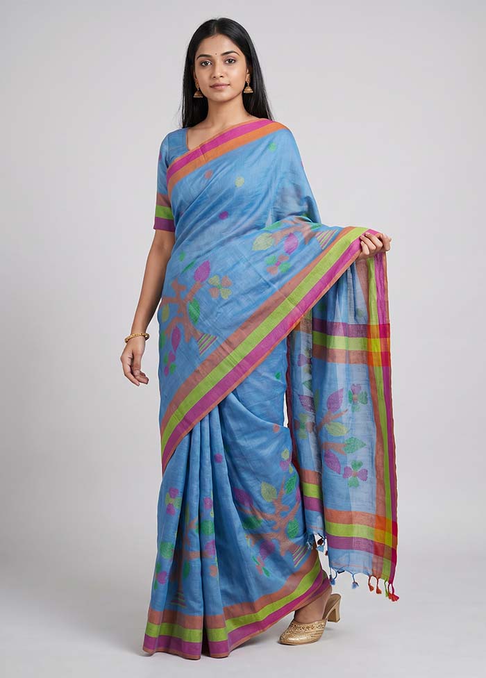 Blue Linen Silk Saree With Blouse Piece