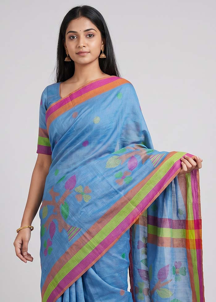Blue Linen Silk Saree With Blouse Piece