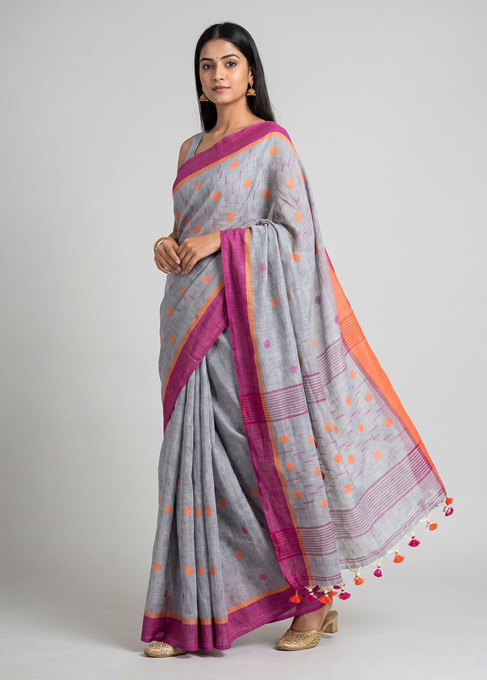 Grey Linen Silk Saree With Blouse Piece
