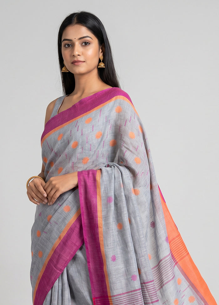 Grey Linen Silk Saree With Blouse Piece