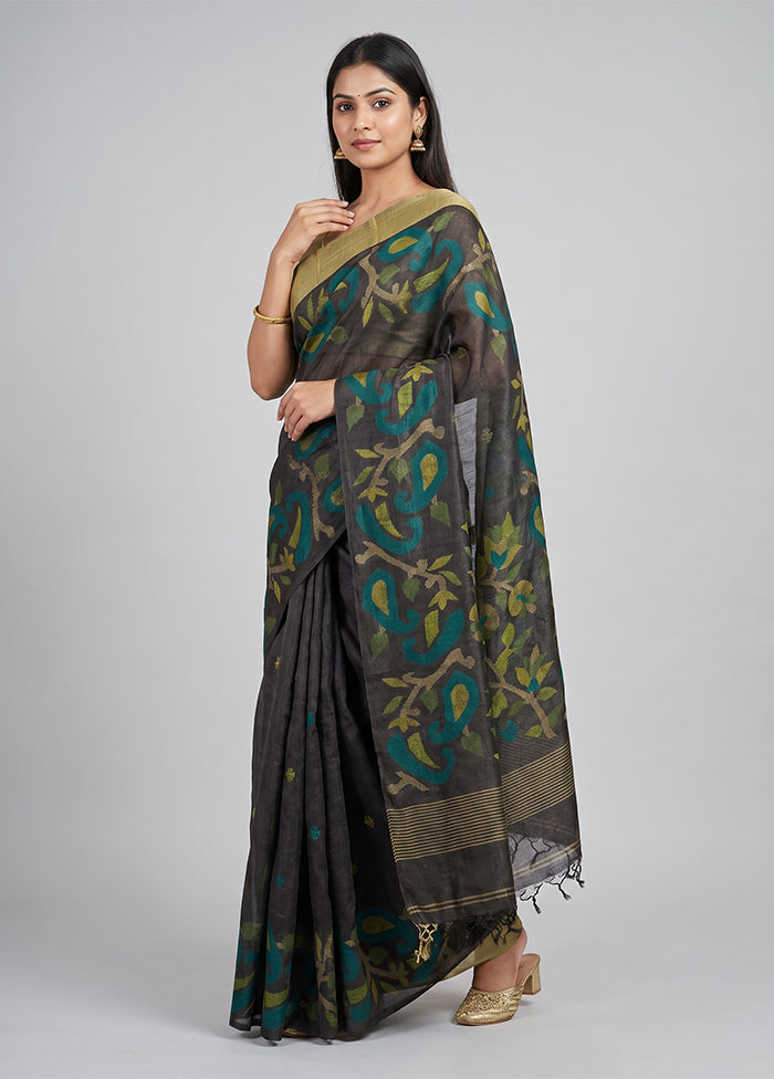 Black Handloom Linen Pure Silk Saree With Blouse Piece