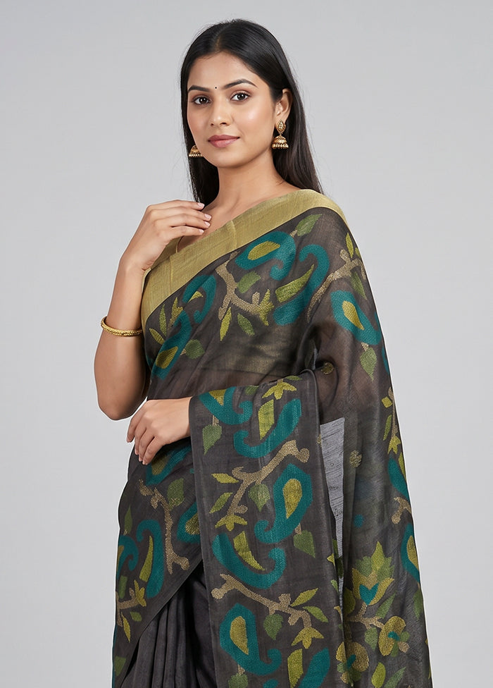Black Handloom Linen Pure Silk Saree With Blouse Piece