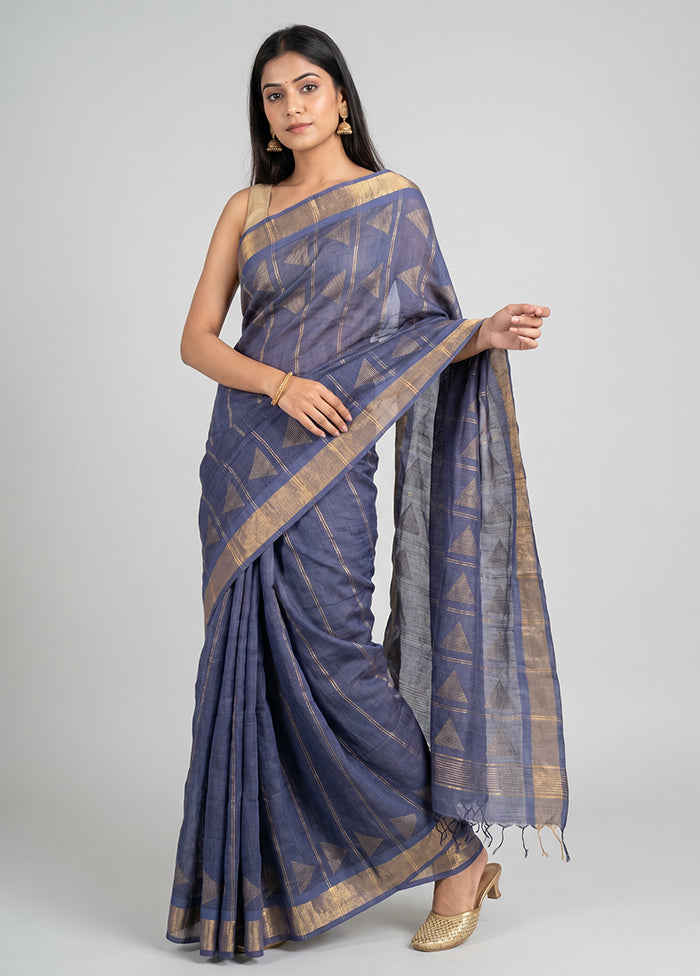 Blue Handloom Linen Pure Silk Saree With Blouse Piece