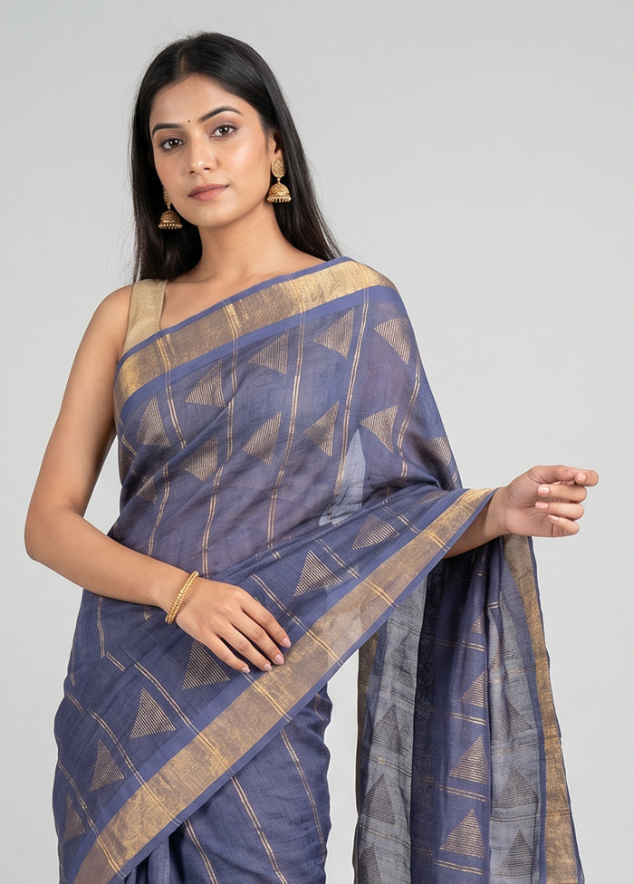 Blue Handloom Linen Pure Silk Saree With Blouse Piece