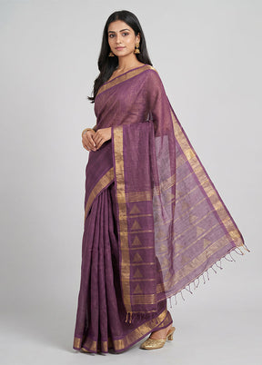 Maroon Handloom Linen Pure Silk Saree With Blouse Piece