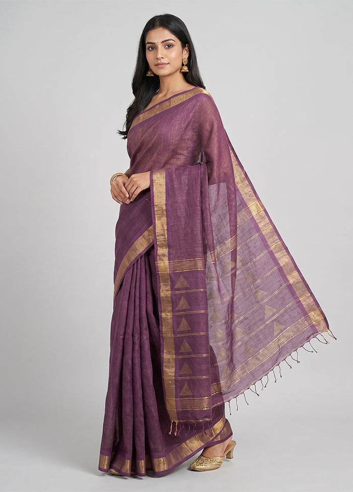 Maroon Handloom Linen Pure Silk Saree With Blouse Piece