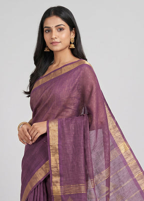 Maroon Handloom Linen Pure Silk Saree With Blouse Piece