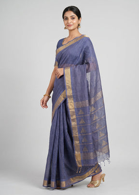 Blue Handloom Linen Pure Silk Saree With Blouse Piece