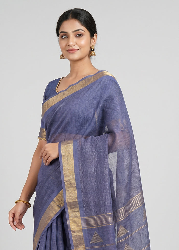Blue Handloom Linen Pure Silk Saree With Blouse Piece