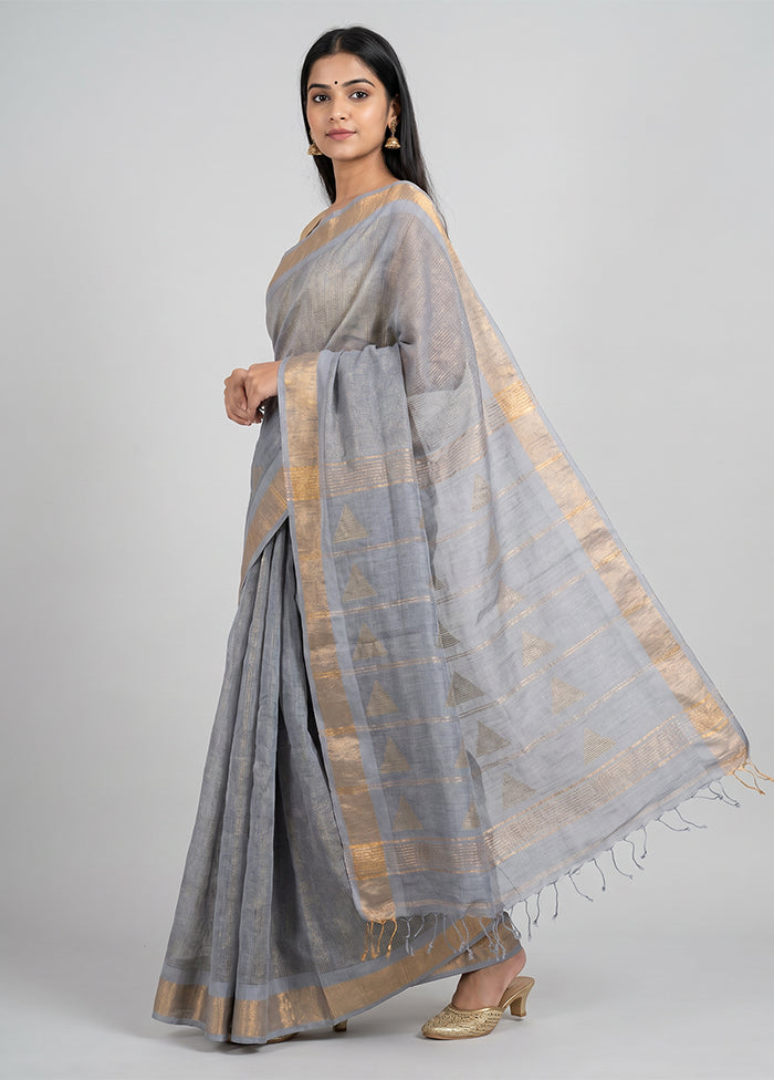 Grey Handloom Linen Pure Silk Saree With Blouse Piece