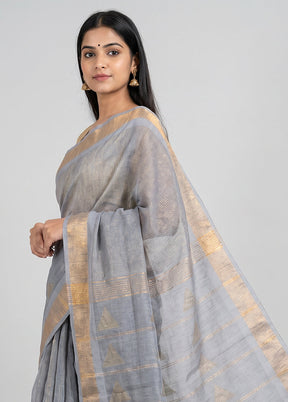 Grey Handloom Linen Pure Silk Saree With Blouse Piece