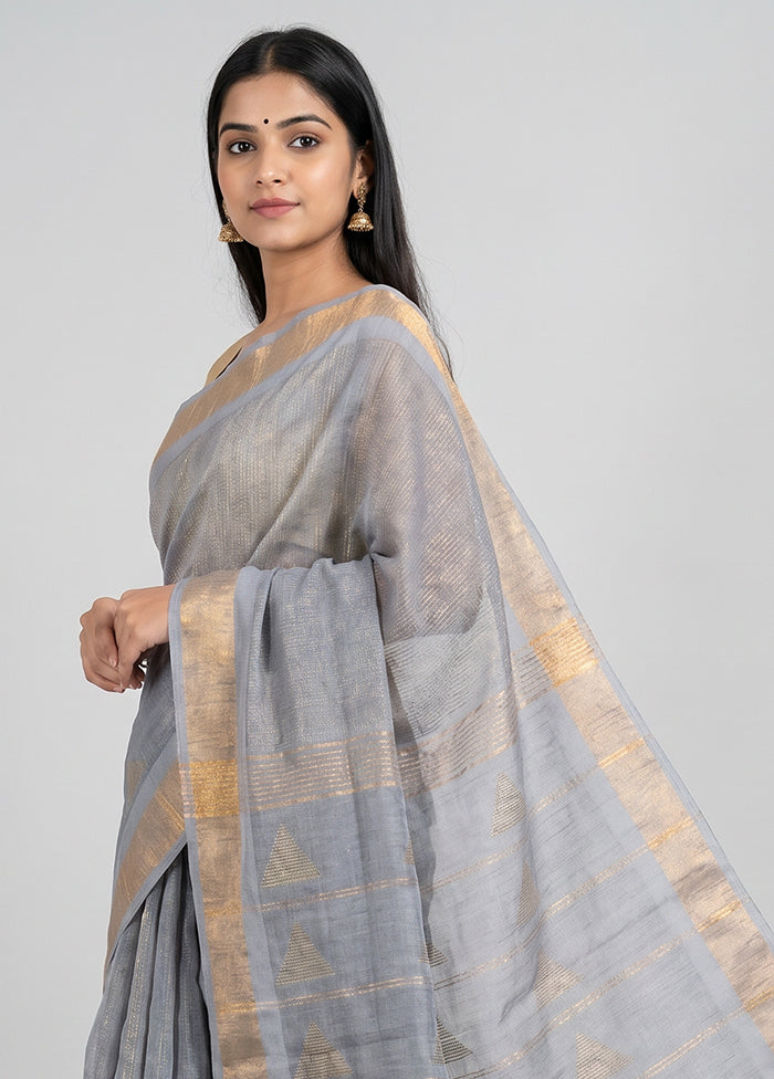 Grey Handloom Linen Pure Silk Saree With Blouse Piece