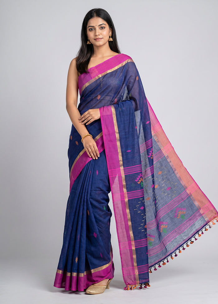 Blue Linen Silk Saree With Blouse Piece