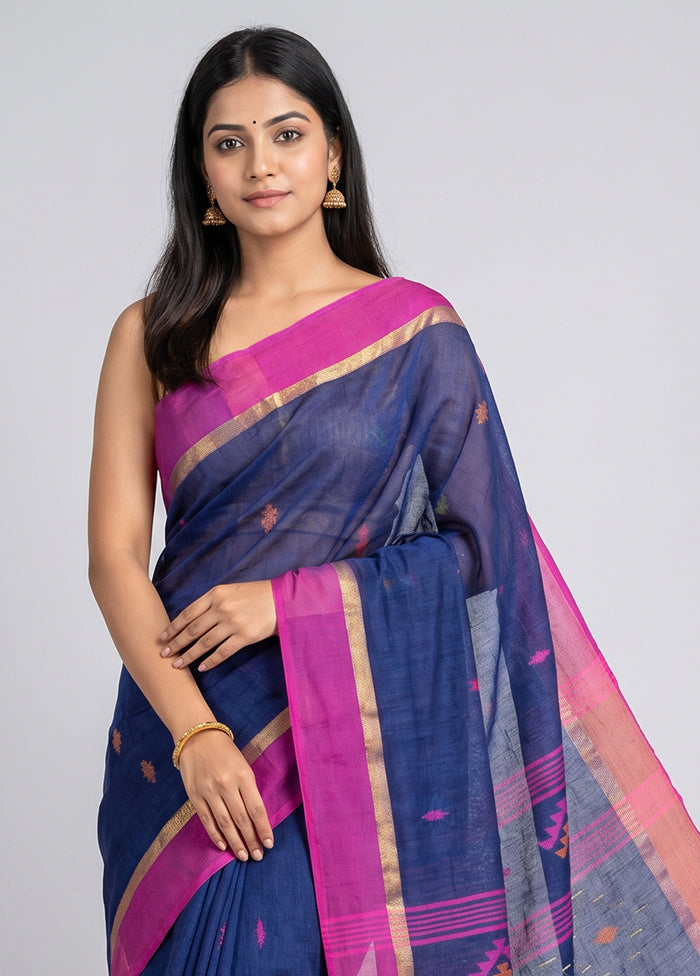Blue Linen Silk Saree With Blouse Piece