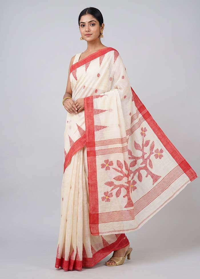White Linen Silk Saree With Blouse Piece