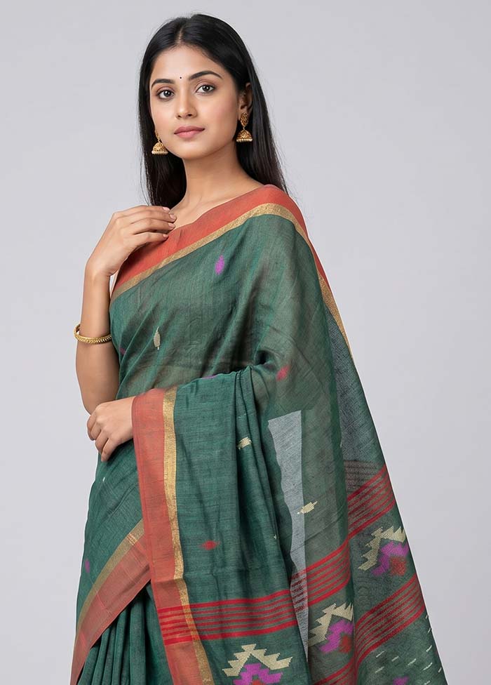 Green Linen Silk Saree With Blouse Piece