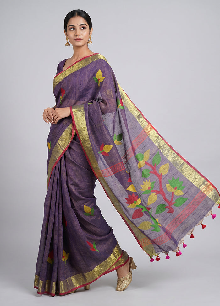 Blue Linen Silk Saree With Blouse Piece