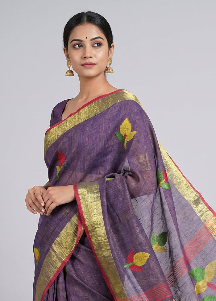 Blue Linen Silk Saree With Blouse Piece