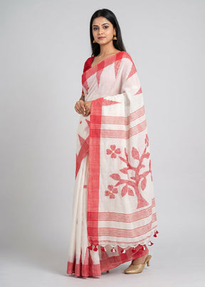 White Linen Silk Saree With Blouse Piece