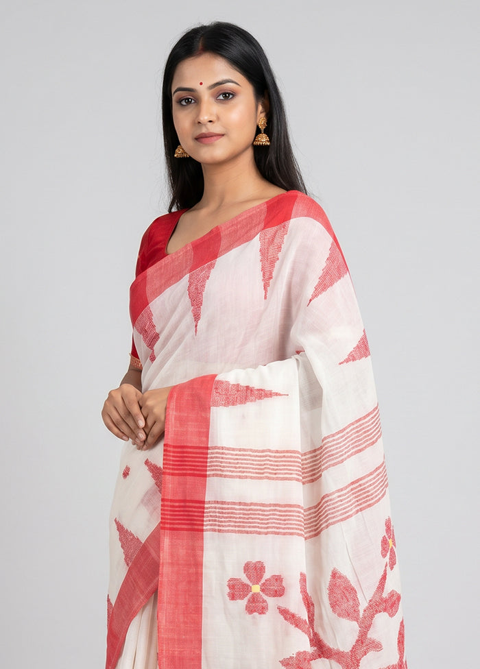 White Linen Silk Saree With Blouse Piece
