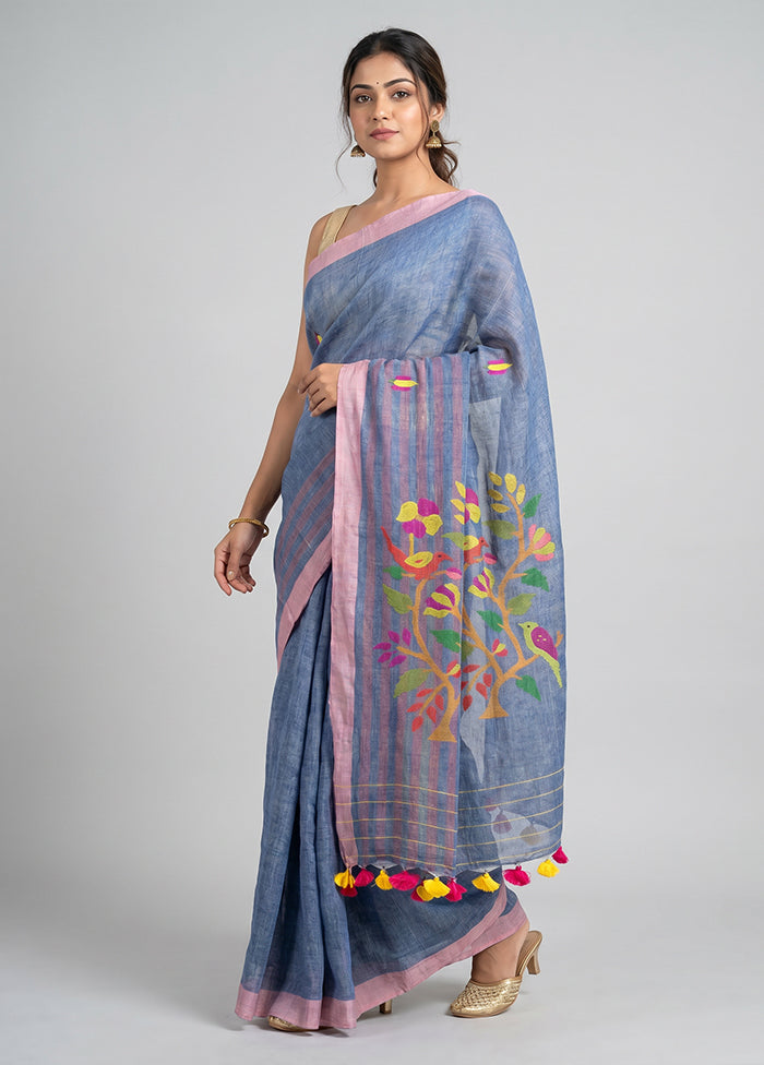 Blue Linen Silk Saree With Blouse Piece