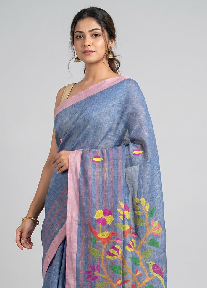 Blue Linen Silk Saree With Blouse Piece