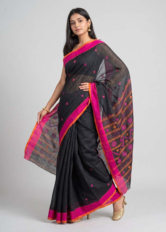 Black Linen Silk Saree With Blouse Piece