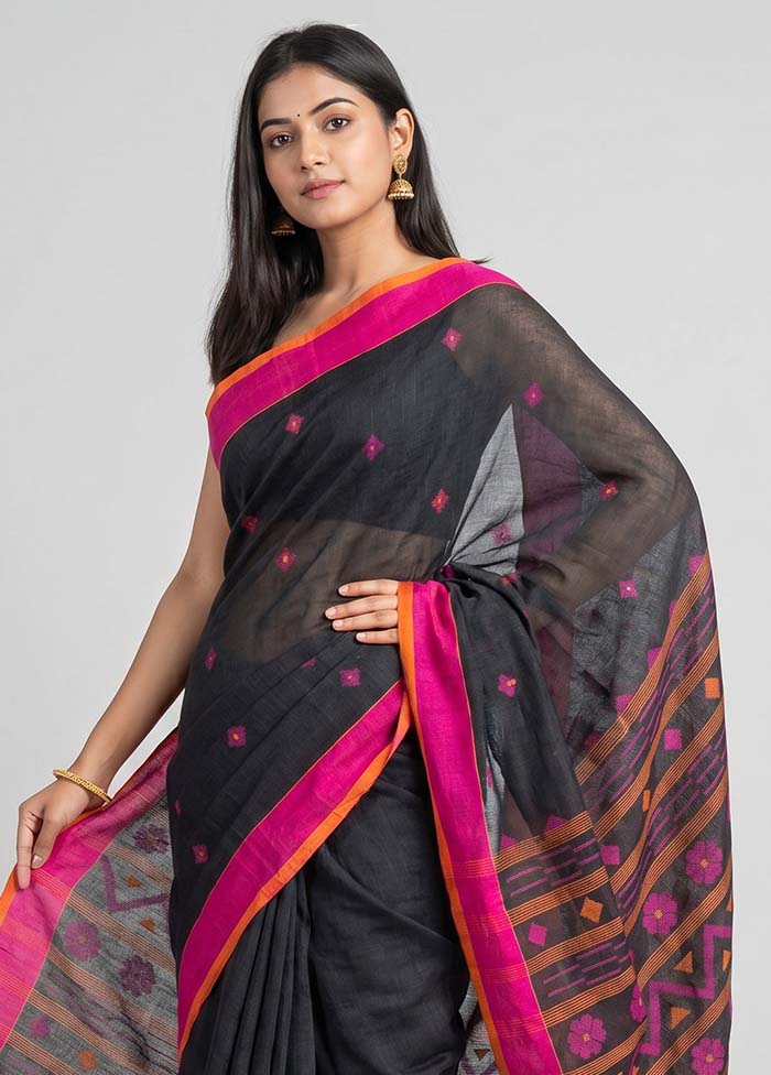 Black Linen Silk Saree With Blouse Piece