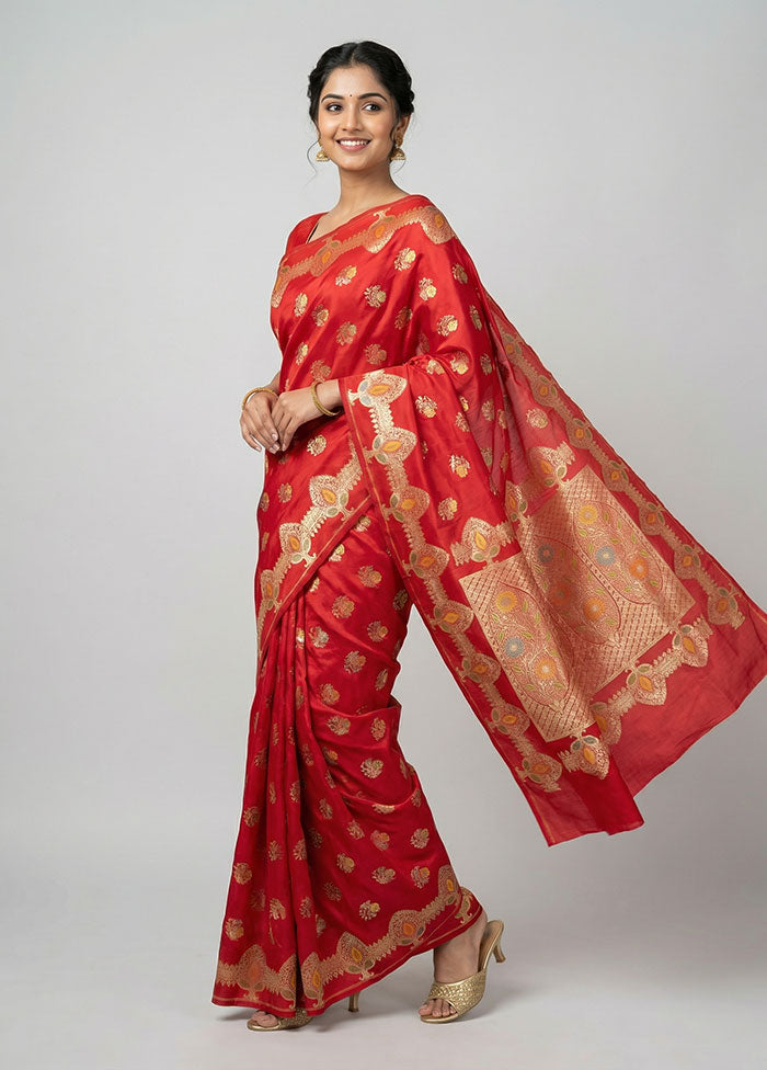 Red Banarasi Silk Saree With Blouse Piece