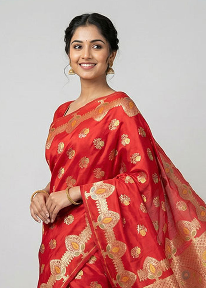 Red Banarasi Silk Saree With Blouse Piece
