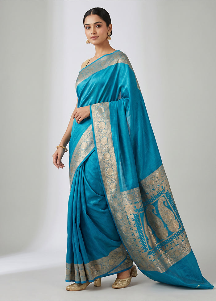 Blue Katan Silk Saree With Blouse Piece