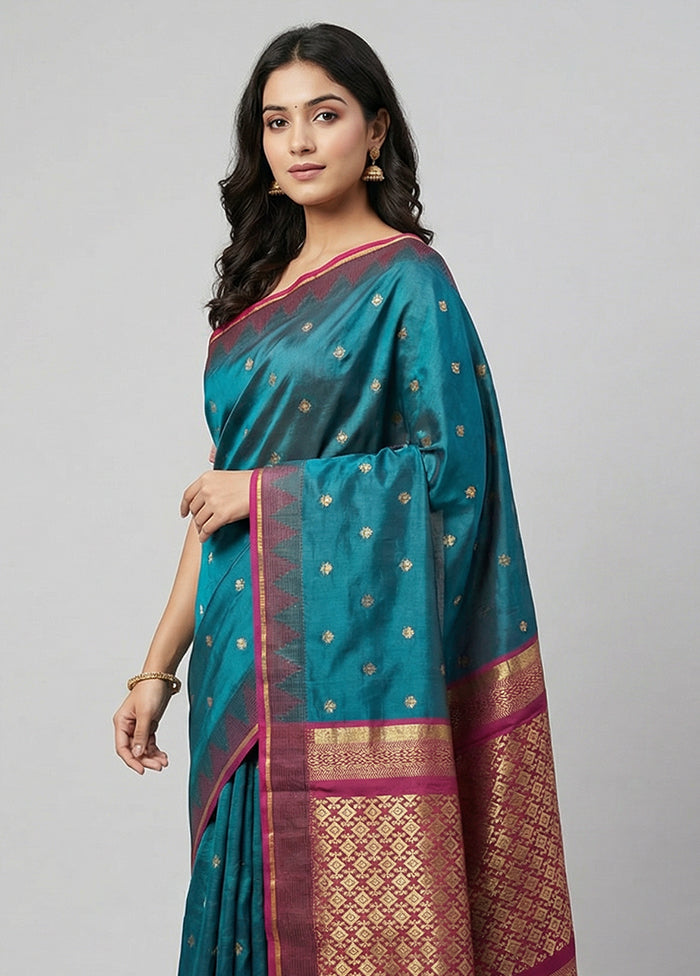 Blue Kanjivaram Silk Saree With Blouse Piece