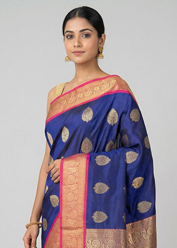 Blue Handloom Kanjivaram Pure Silk Saree With Blouse Piece