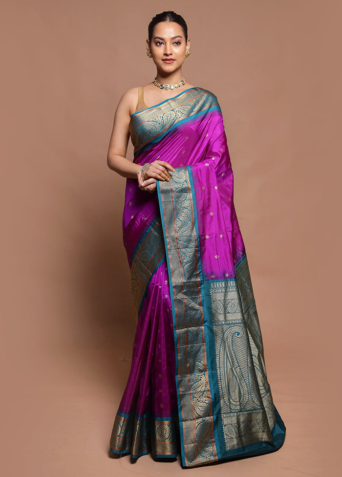 Purple Handloom Kanjivaram Pure Silk Saree With Blouse Piece