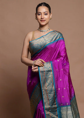 Purple Handloom Kanjivaram Pure Silk Saree With Blouse Piece