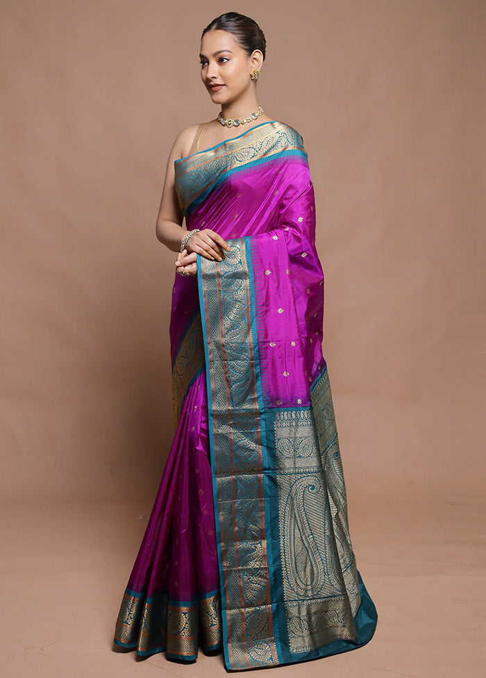 Purple Handloom Kanjivaram Pure Silk Saree With Blouse Piece