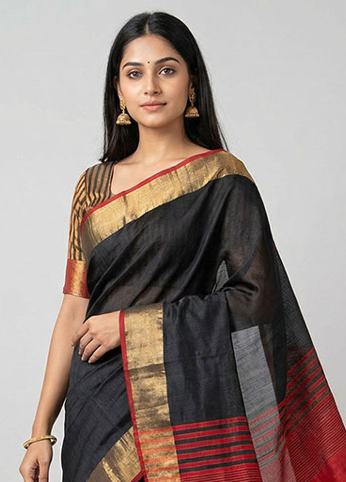 Black Dupion Silk Saree With Blouse Piece