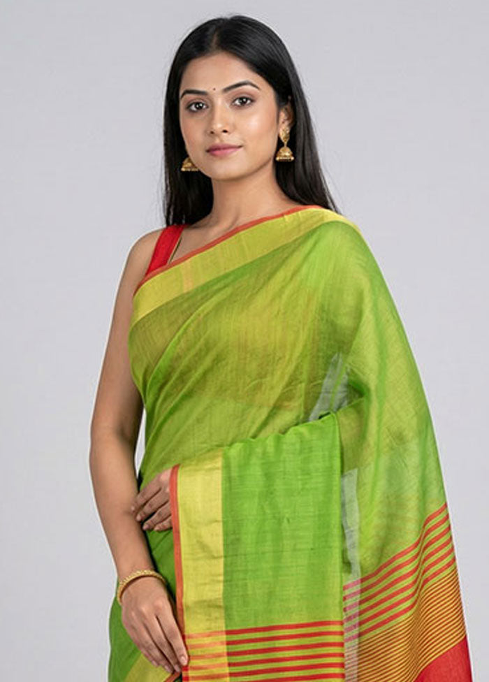 Green Dupion Silk Saree With Blouse Piece
