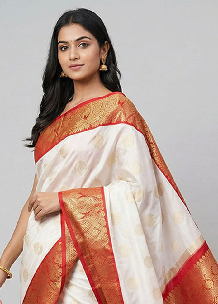 Cream Handloom Kanchipuram Pure Silk Saree With Blouse Piece